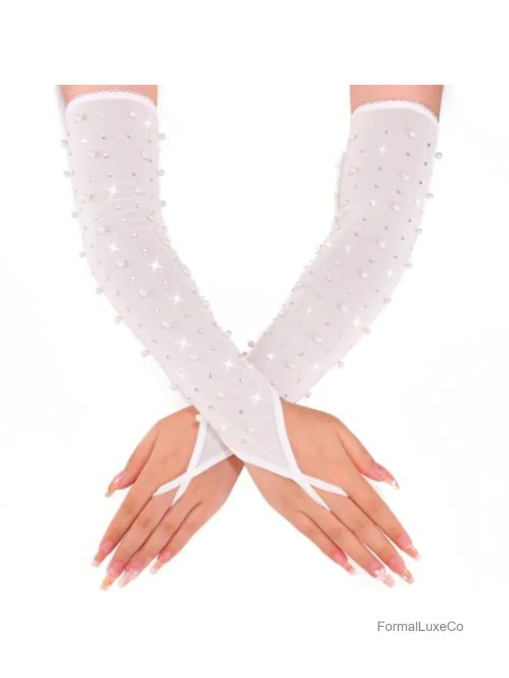 Fingerless Crystal Pearl Elbow Length Bridal Wedding Gloves Prom Costume